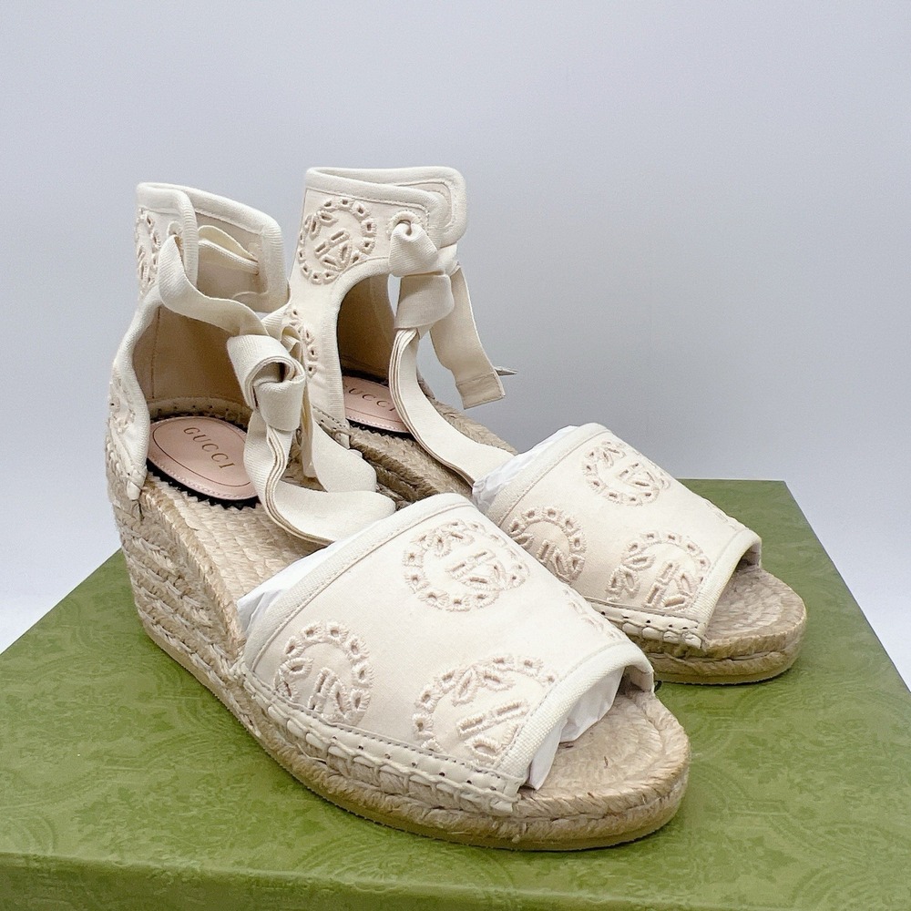 Gucci GG Damita Espadrille Wedge Sandal Eyelet Beige Canvas EU 36.5 US 6.5 - Picture 8 of 15